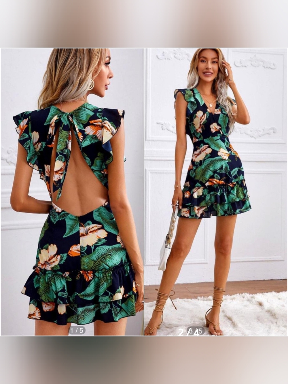 NEW! SHEIN Tropical Floral Ruffle Mini Backless Dress Medium